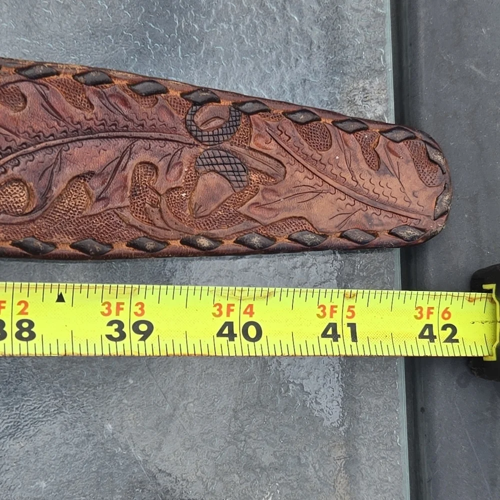 Vtg 70's Brown Hand Carved TOOLED Leather 42
